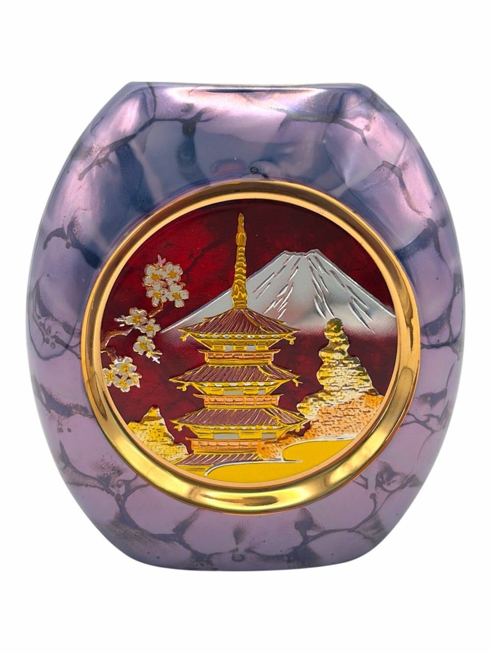 Vintage Art of Chokin Vase Purple Mount Fuji Temple 24K Gold Trim Japan
